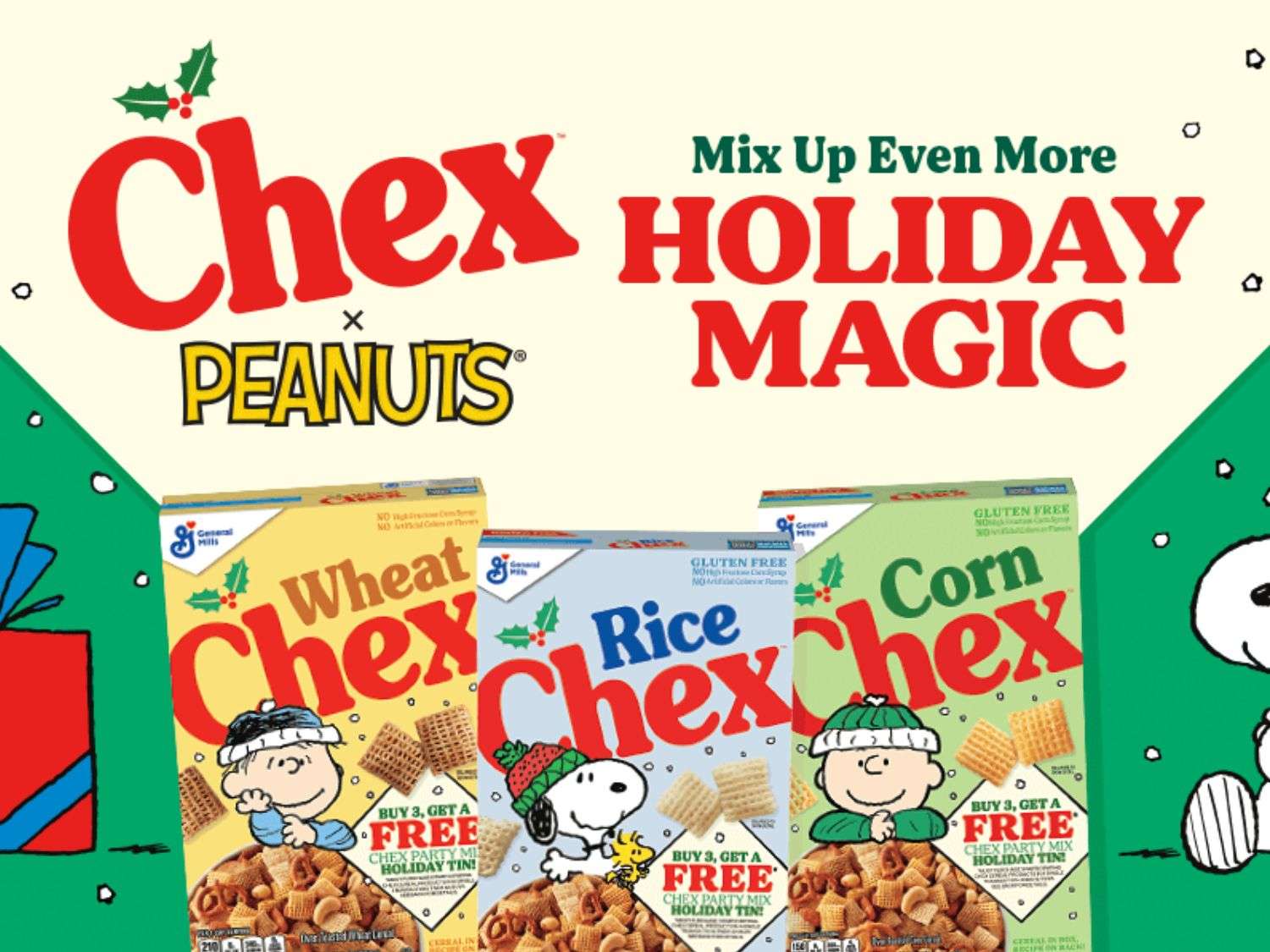 Get a Free Chex x Peanuts Holiday Tin When You Buy 3 Participating Products
